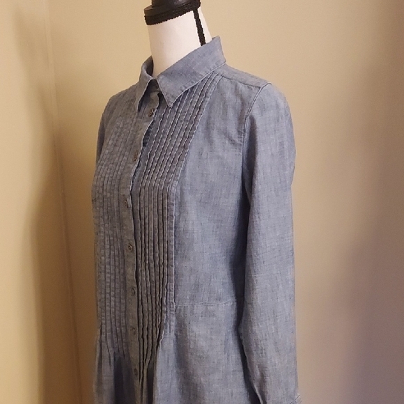J. Jill Blue Pleated Long Sleeve Shirt Dress - Picture 3 of 5